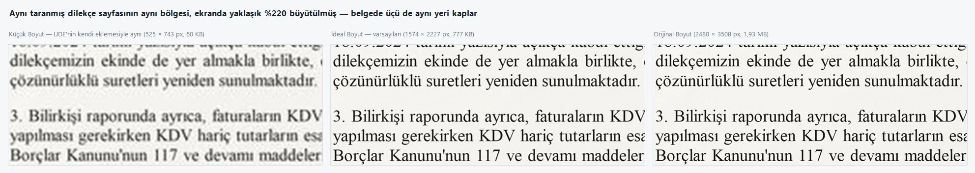 Aynı taranmış örnek sayfanın aynı bölgesi üç kalitede: Küçük Boyut bulanık, İdeal ve Orijinal Boyut keskin.